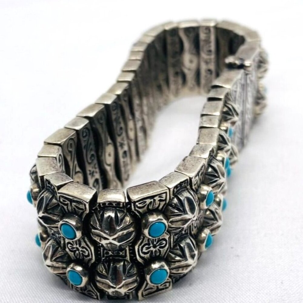 SOLD!! Konstantino Sterling Silver Turquoise Panel Links Bracelet 6.75" - Picture 2 of 16